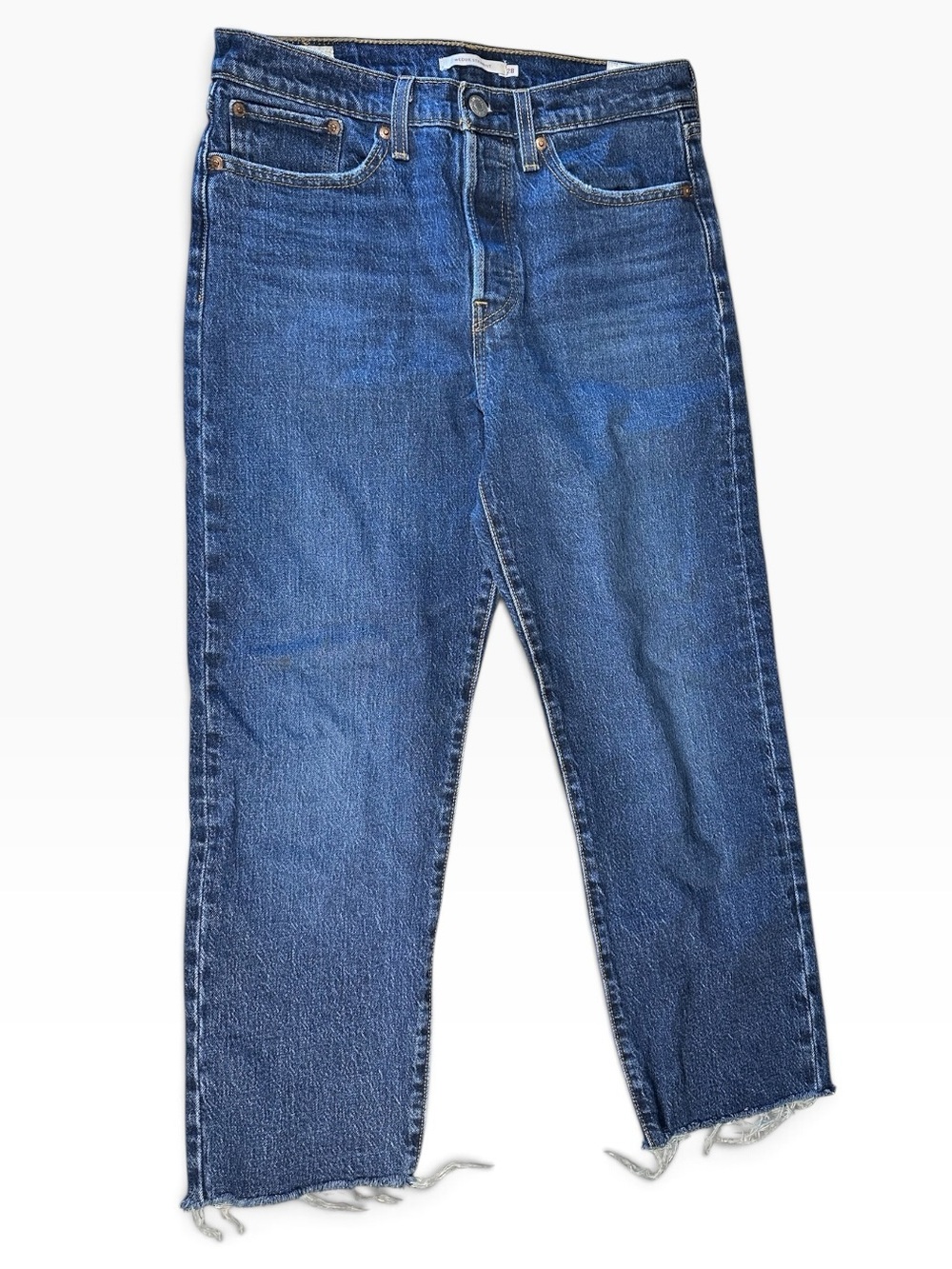 Levi’s Wedgie Straight Jeans 28 High Rise Raw Frayed Hem Blue Denim EUC